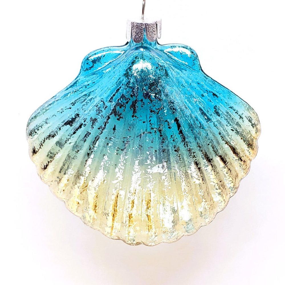 Iridescent Glass Scallop Christmas Ornament Silver Blue Shiny Coastal JS 3.5"